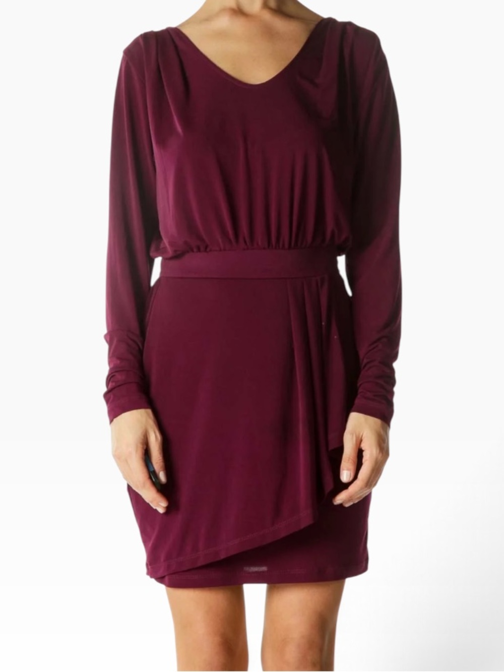 BCBGeneration Long-Sleeve V-Neck Wrap Skirt Dress in Deep Plum XS